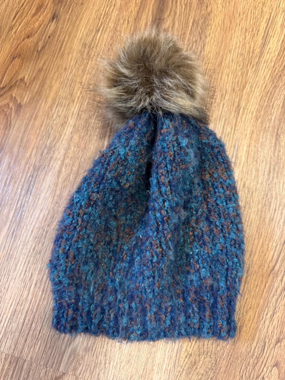 Textured Knit Pom Pom Beanie in Teal and Brown
